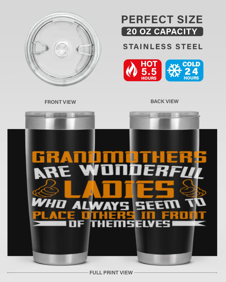A stylish 20oz and 30oz stainless steel tumbler featuring a press-in lid, designed to keep beverages hot or cold, perfect for grandmothers.