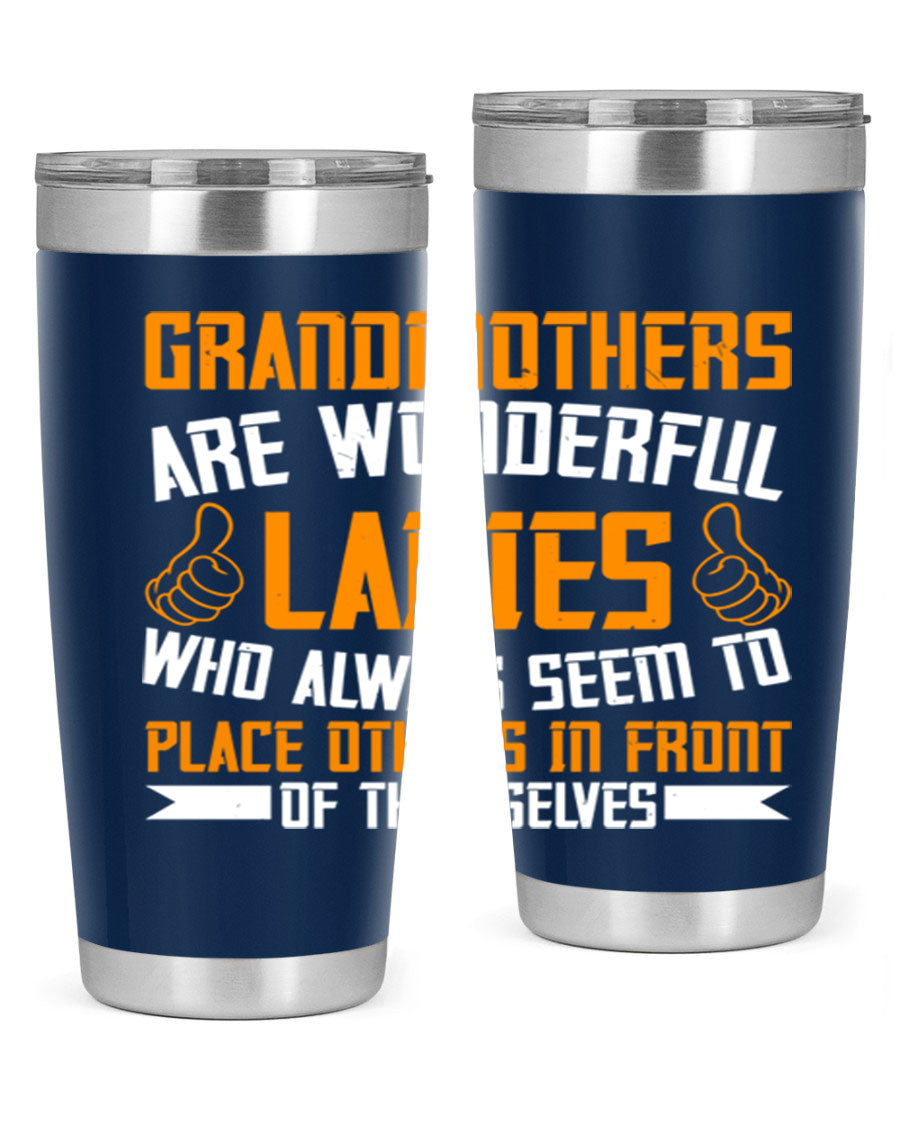 A stylish 20oz and 30oz stainless steel tumbler featuring a press-in lid, designed to keep beverages hot or cold, perfect for grandmothers.