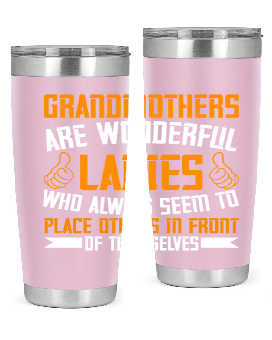 A stylish 20oz and 30oz stainless steel tumbler featuring a press-in lid, designed to keep beverages hot or cold, perfect for grandmothers.