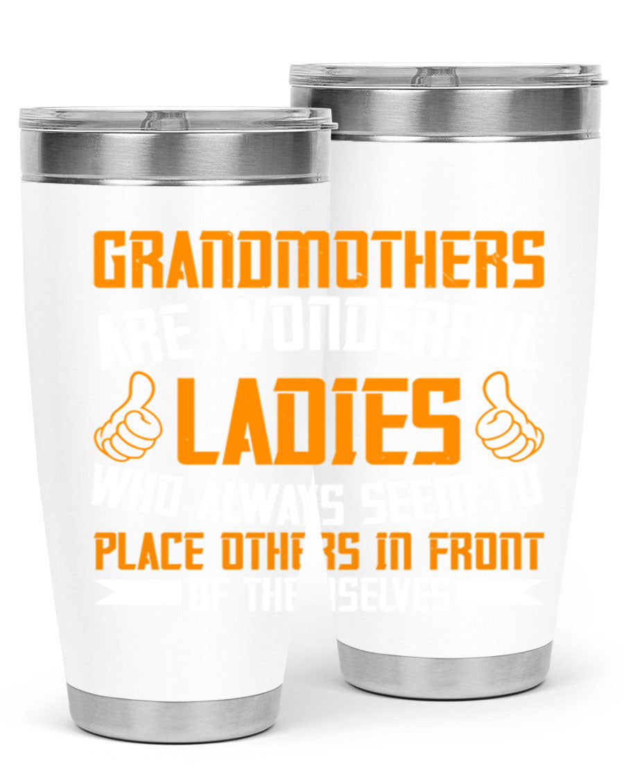 A stylish 20oz and 30oz stainless steel tumbler featuring a press-in lid, designed to keep beverages hot or cold, perfect for grandmothers.