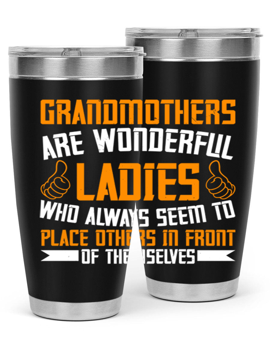 A stylish 20oz and 30oz stainless steel tumbler featuring a press-in lid, designed to keep beverages hot or cold, perfect for grandmothers.