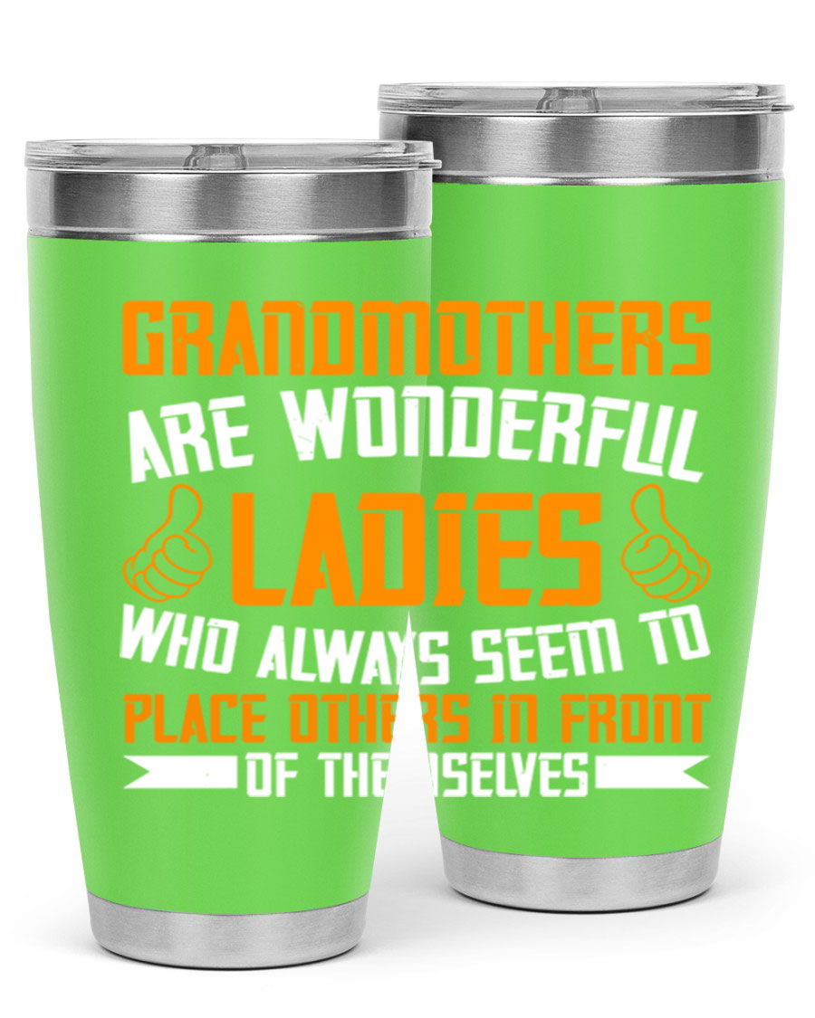 A stylish 20oz and 30oz stainless steel tumbler featuring a press-in lid, designed to keep beverages hot or cold, perfect for grandmothers.