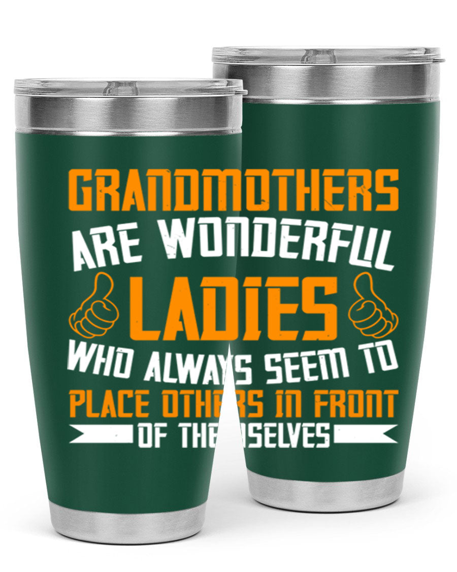 A stylish 20oz and 30oz stainless steel tumbler featuring a press-in lid, designed to keep beverages hot or cold, perfect for grandmothers.