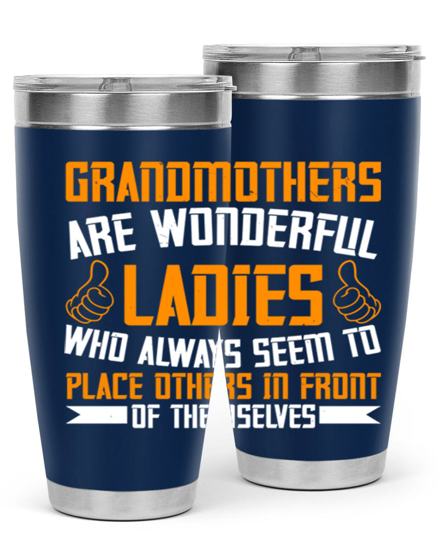 A stylish 20oz and 30oz stainless steel tumbler featuring a press-in lid, designed to keep beverages hot or cold, perfect for grandmothers.