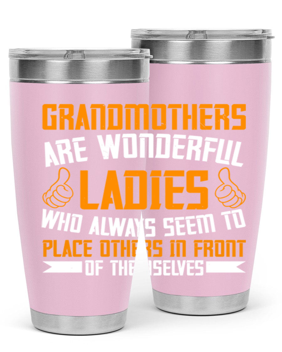 A stylish 20oz and 30oz stainless steel tumbler featuring a press-in lid, designed to keep beverages hot or cold, perfect for grandmothers.