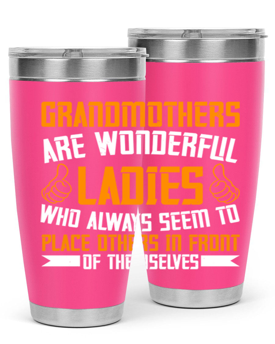 A stylish 20oz and 30oz stainless steel tumbler featuring a press-in lid, designed to keep beverages hot or cold, perfect for grandmothers.