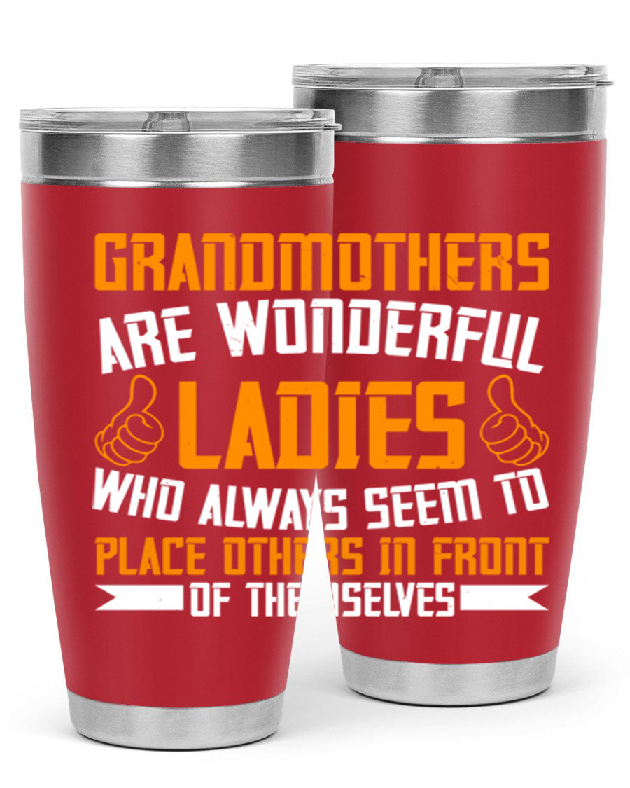 A stylish 20oz and 30oz stainless steel tumbler featuring a press-in lid, designed to keep beverages hot or cold, perfect for grandmothers.
