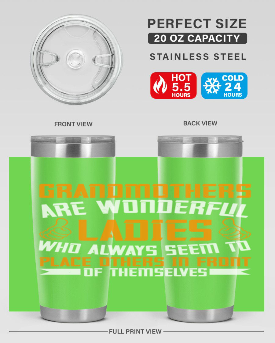 A stylish 20oz and 30oz stainless steel tumbler featuring a press-in lid, designed to keep beverages hot or cold, perfect for grandmothers.