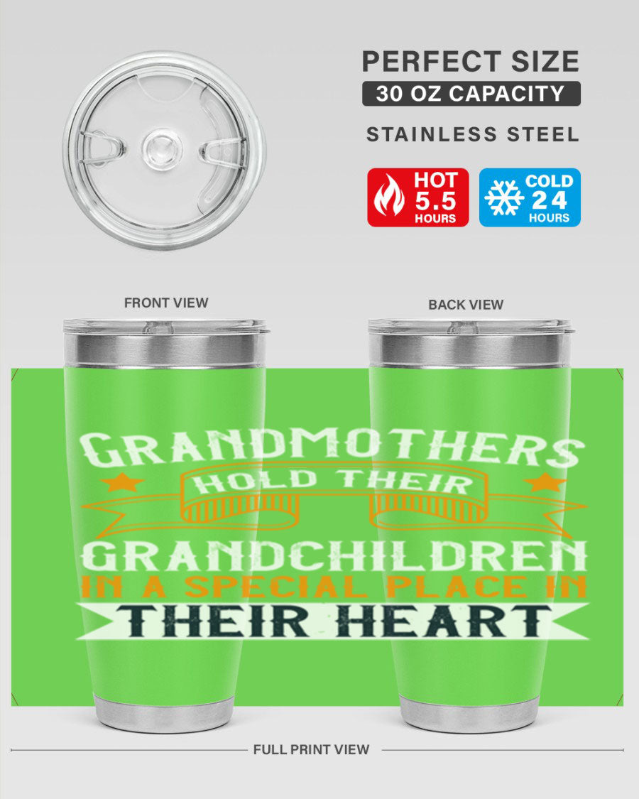A beautifully designed stainless steel tumbler featuring a heartfelt message about grandmothers and their grandchildren, showcasing its double wall vacuum insulation.
