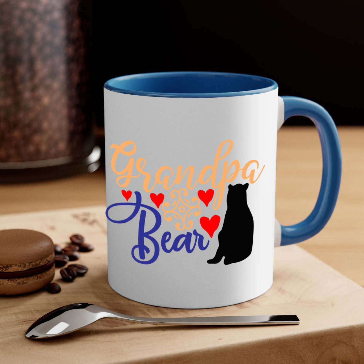 Grandpa Bear 43# Mug featuring a glossy finish, colored handle, and interior, available in multiple colors and sizes.