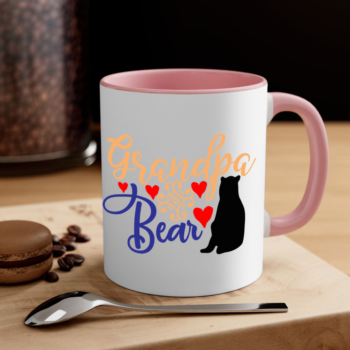 Grandpa Bear 43# Mug featuring a glossy finish, colored handle, and interior, available in multiple colors and sizes.