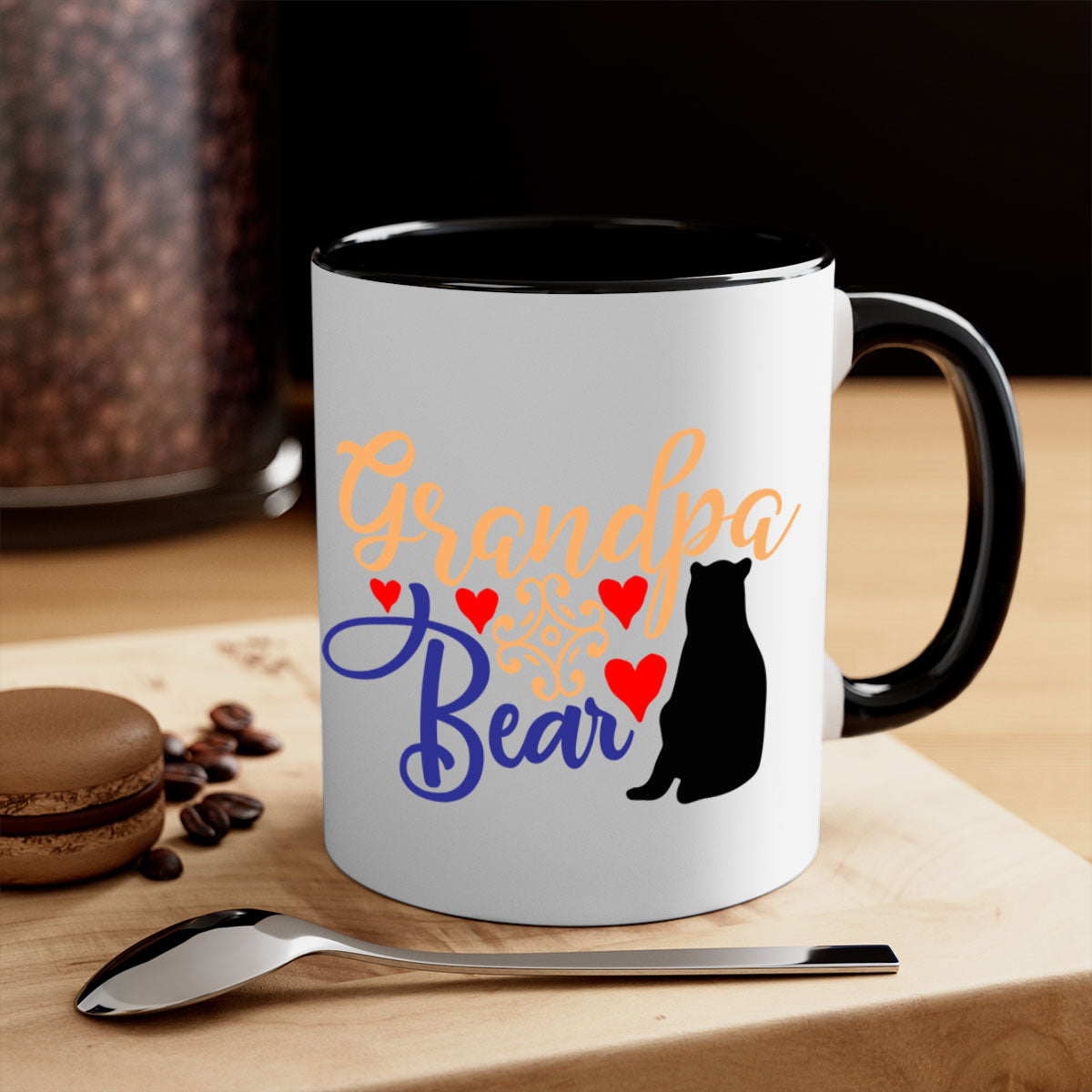 Grandpa Bear 43# Mug featuring a glossy finish, colored handle, and interior, available in multiple colors and sizes.