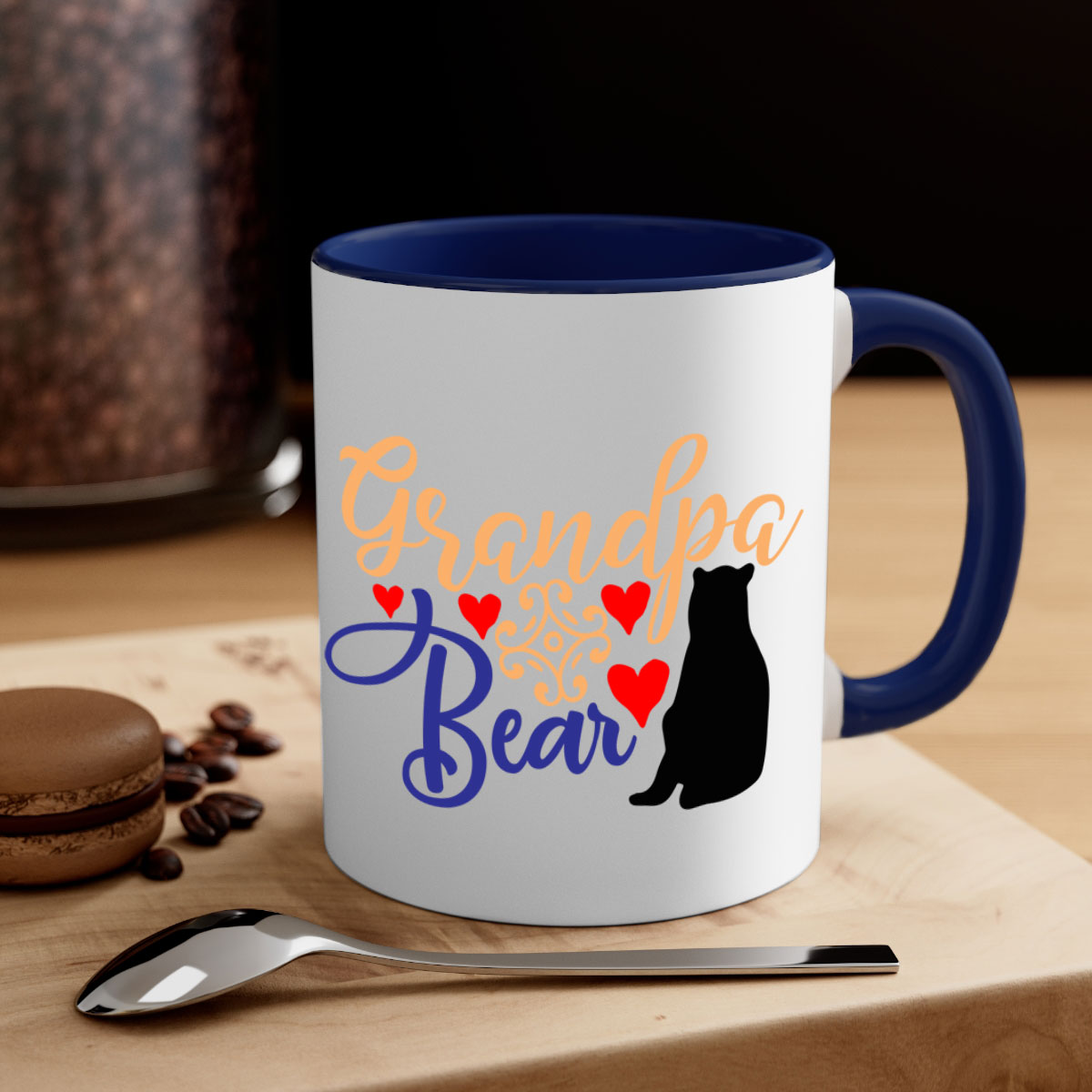 Grandpa Bear 43# Mug featuring a glossy finish, colored handle, and interior, available in multiple colors and sizes.