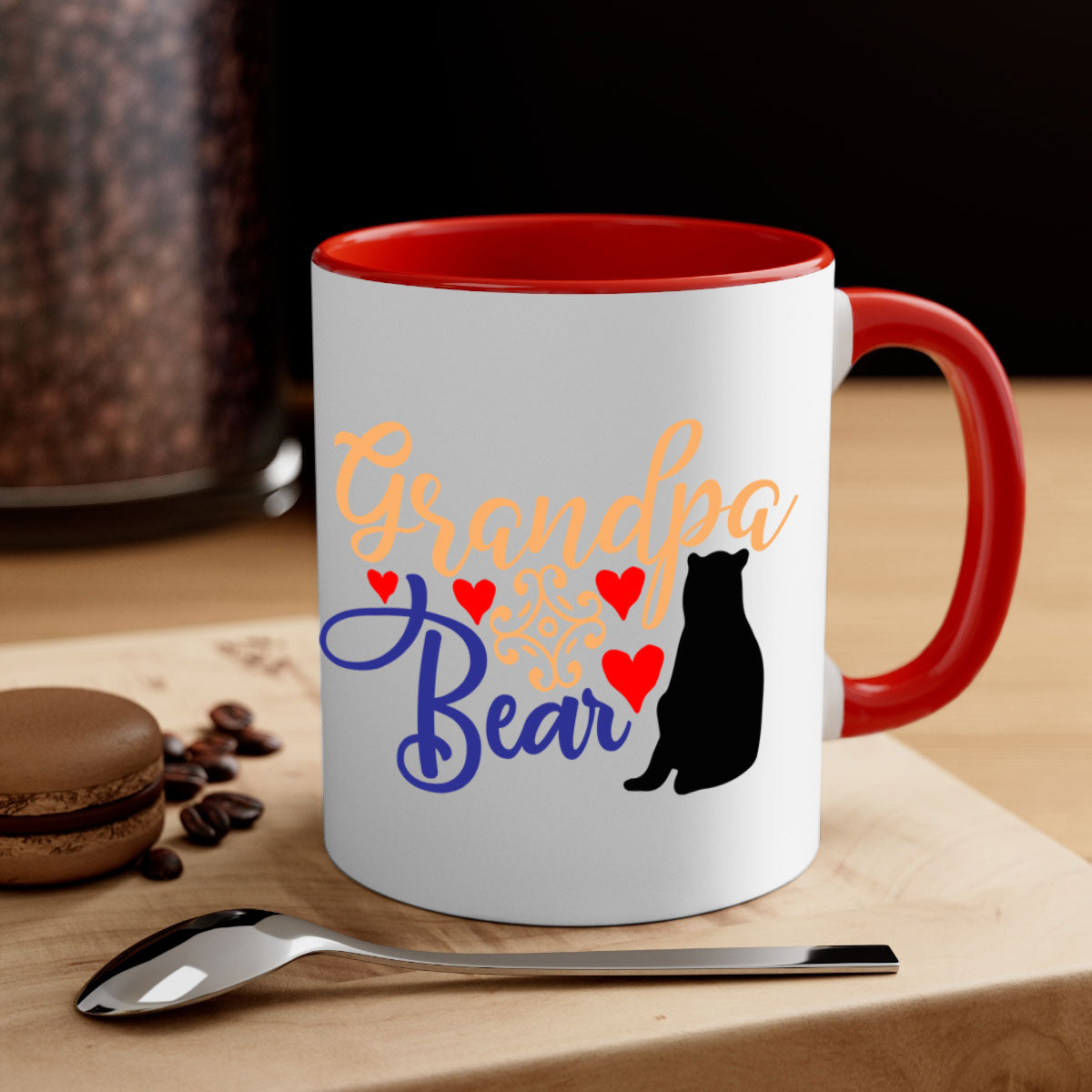 Grandpa Bear 43# Mug featuring a glossy finish, colored handle, and interior, available in multiple colors and sizes.