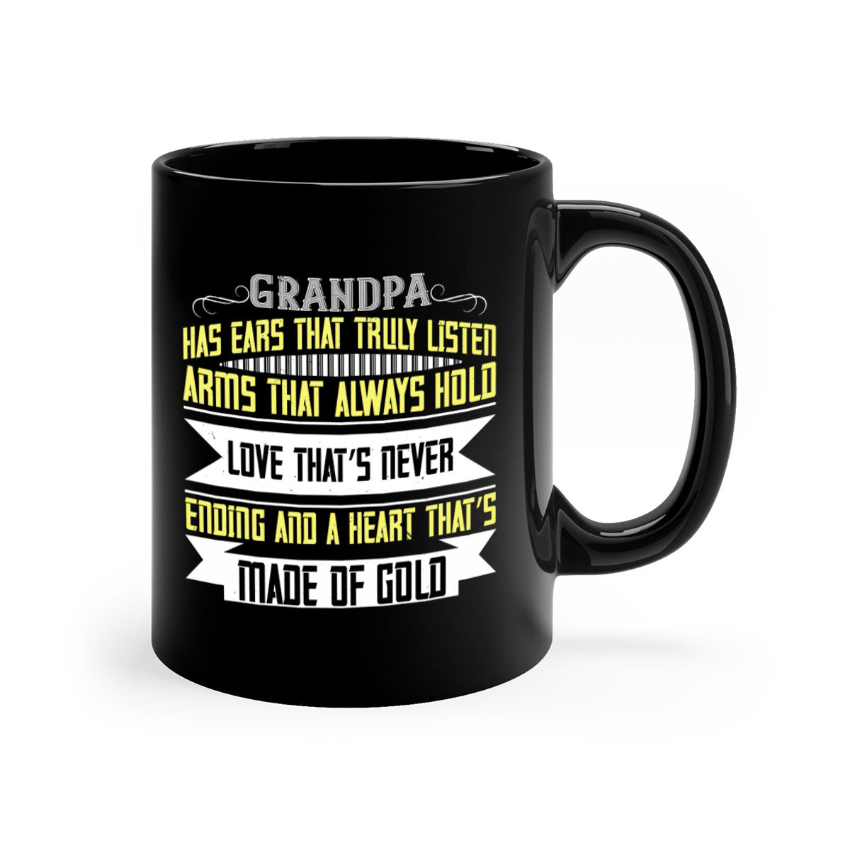 Ceramic coffee mug with a two-tone design featuring a colored handle and interior, available in five colors, showcasing the phrase 'Grandpa has ears that truly listen'.