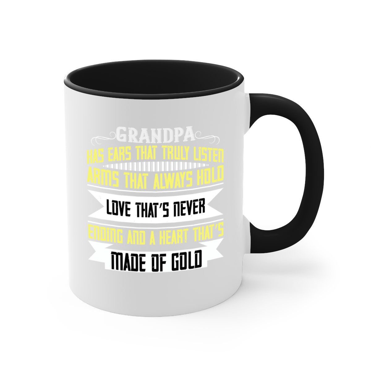 Ceramic coffee mug with a two-tone design featuring a colored handle and interior, available in five colors, showcasing the phrase 'Grandpa has ears that truly listen'.