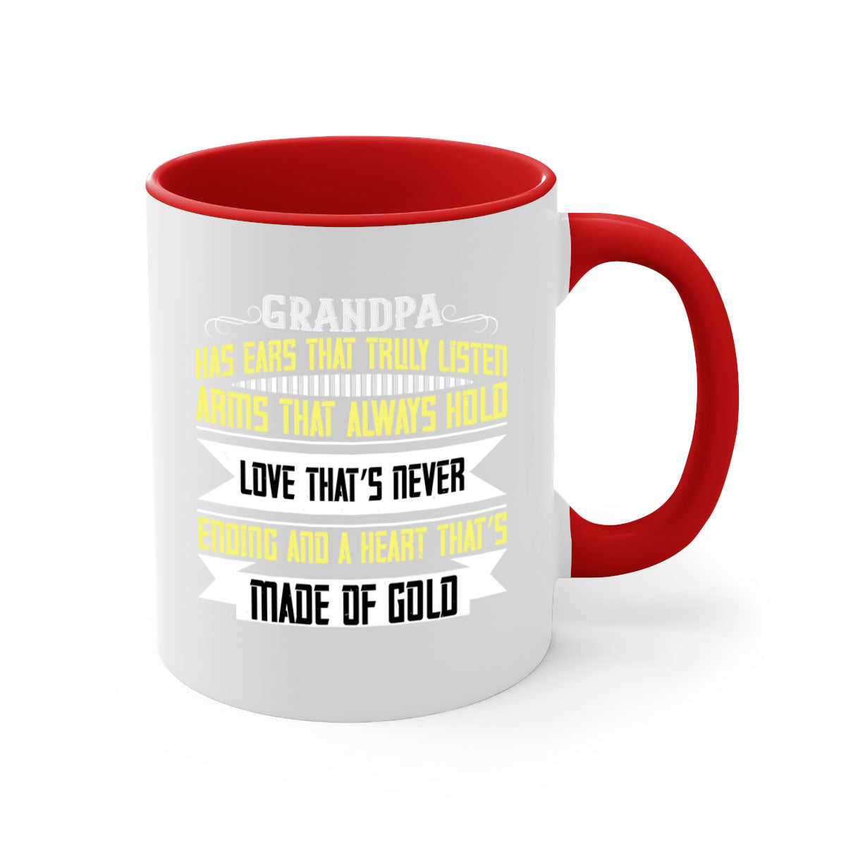 Ceramic coffee mug with a two-tone design featuring a colored handle and interior, available in five colors, showcasing the phrase 'Grandpa has ears that truly listen'.