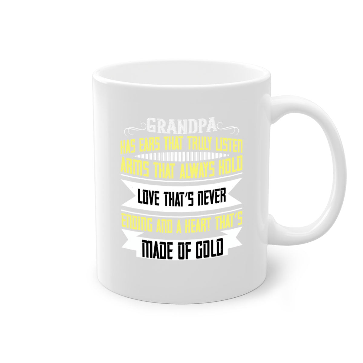 Ceramic coffee mug with a two-tone design featuring a colored handle and interior, available in five colors, showcasing the phrase 'Grandpa has ears that truly listen'.