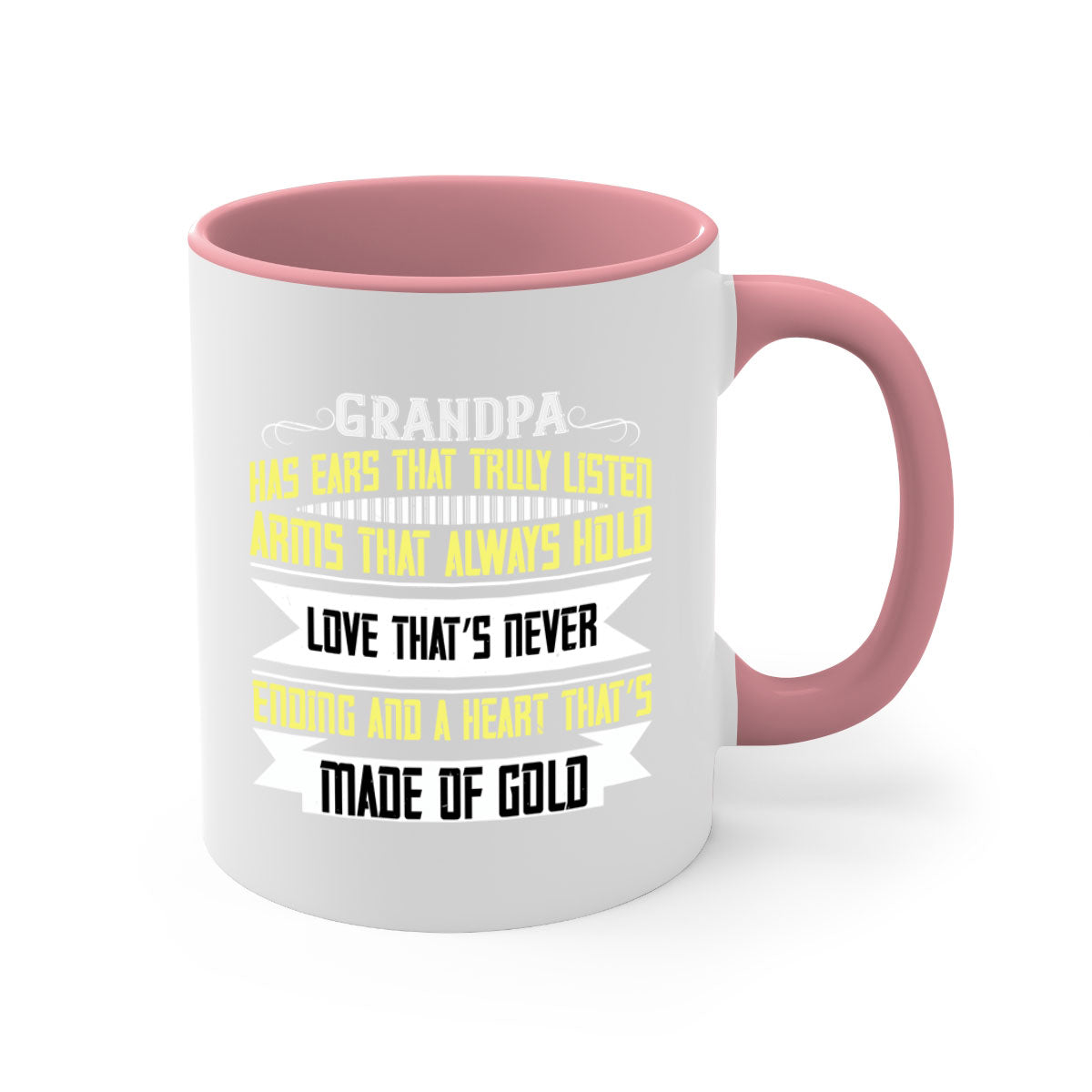 Ceramic coffee mug with a two-tone design featuring a colored handle and interior, available in five colors, showcasing the phrase 'Grandpa has ears that truly listen'.