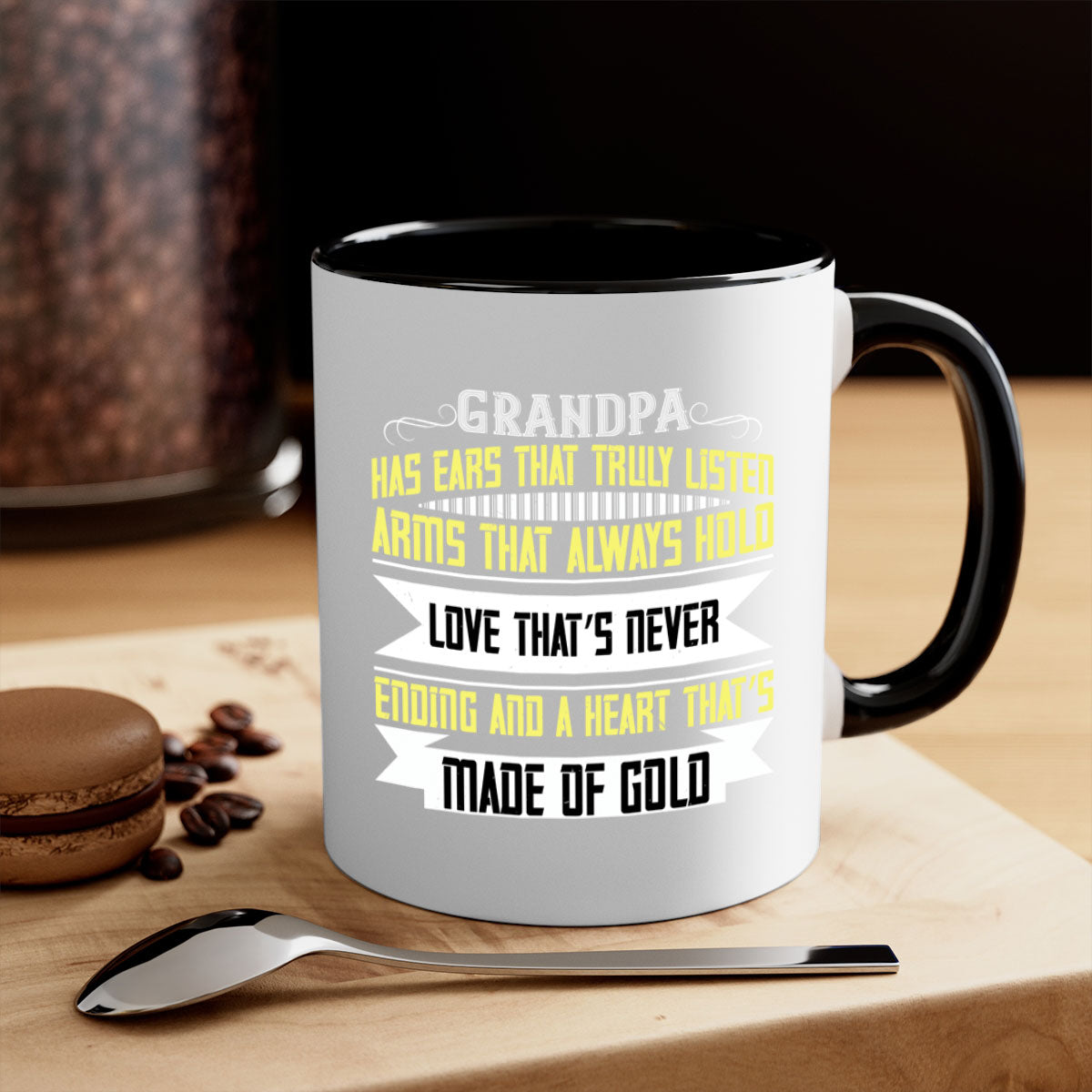 Ceramic coffee mug with a two-tone design featuring a colored handle and interior, available in five colors, showcasing the phrase 'Grandpa has ears that truly listen'.