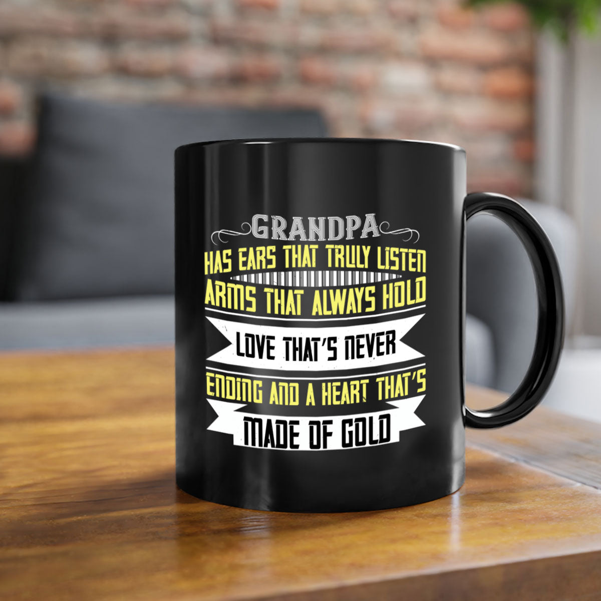 Ceramic coffee mug with a two-tone design featuring a colored handle and interior, available in five colors, showcasing the phrase 'Grandpa has ears that truly listen'.