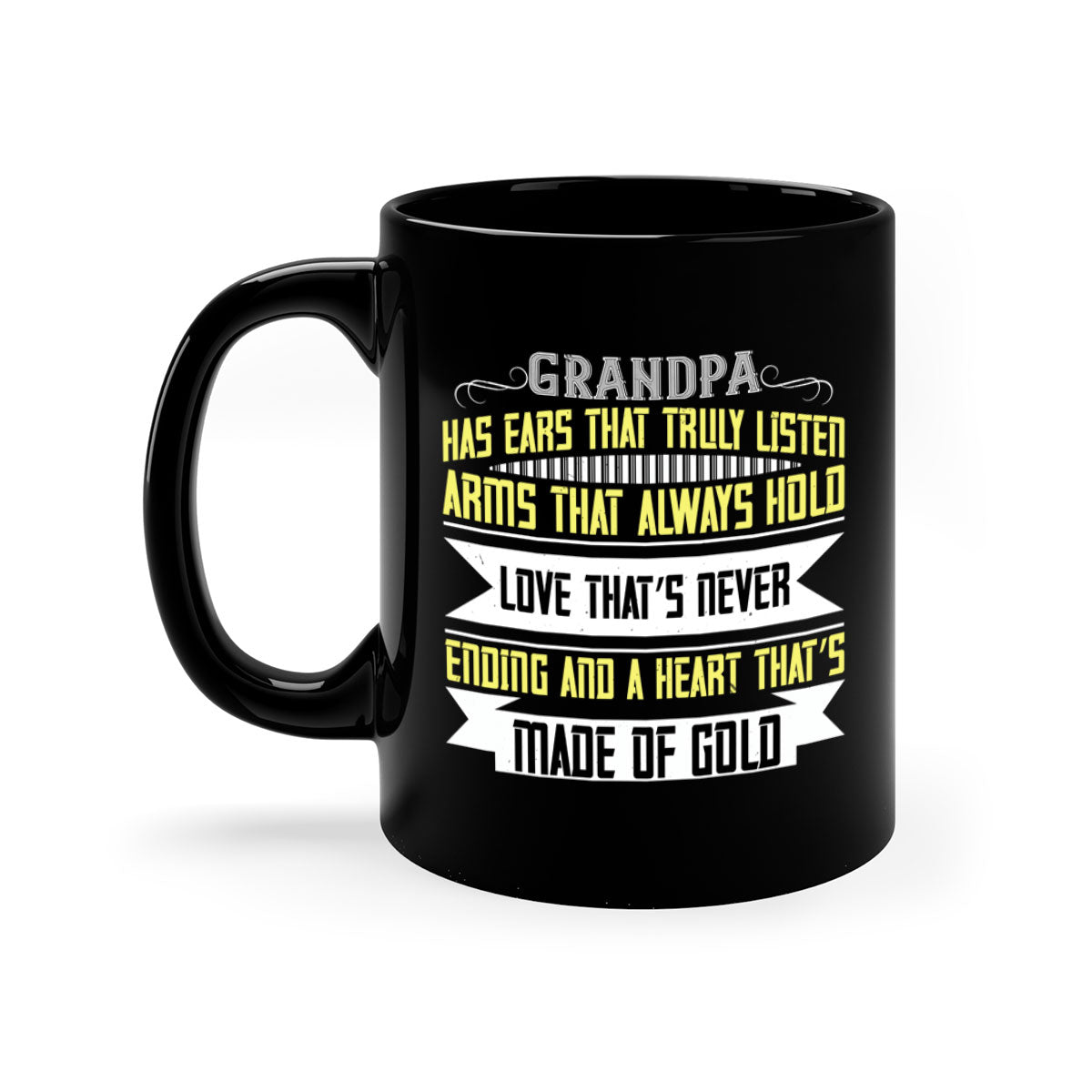 Ceramic coffee mug with a two-tone design featuring a colored handle and interior, available in five colors, showcasing the phrase 'Grandpa has ears that truly listen'.