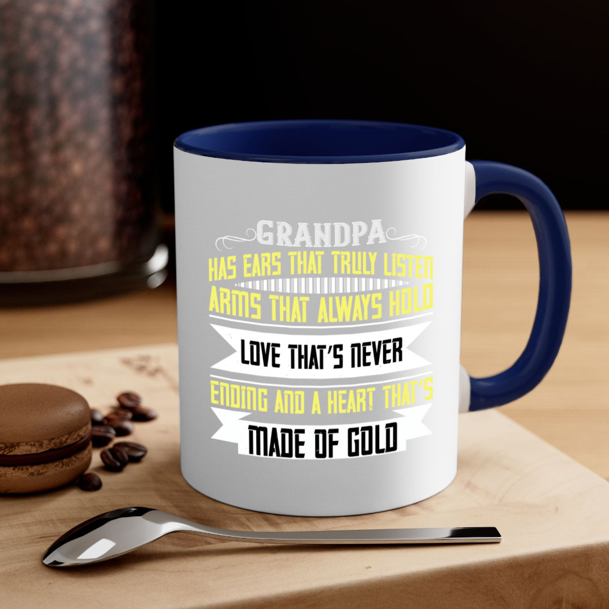 Ceramic coffee mug with a two-tone design featuring a colored handle and interior, available in five colors, showcasing the phrase 'Grandpa has ears that truly listen'.