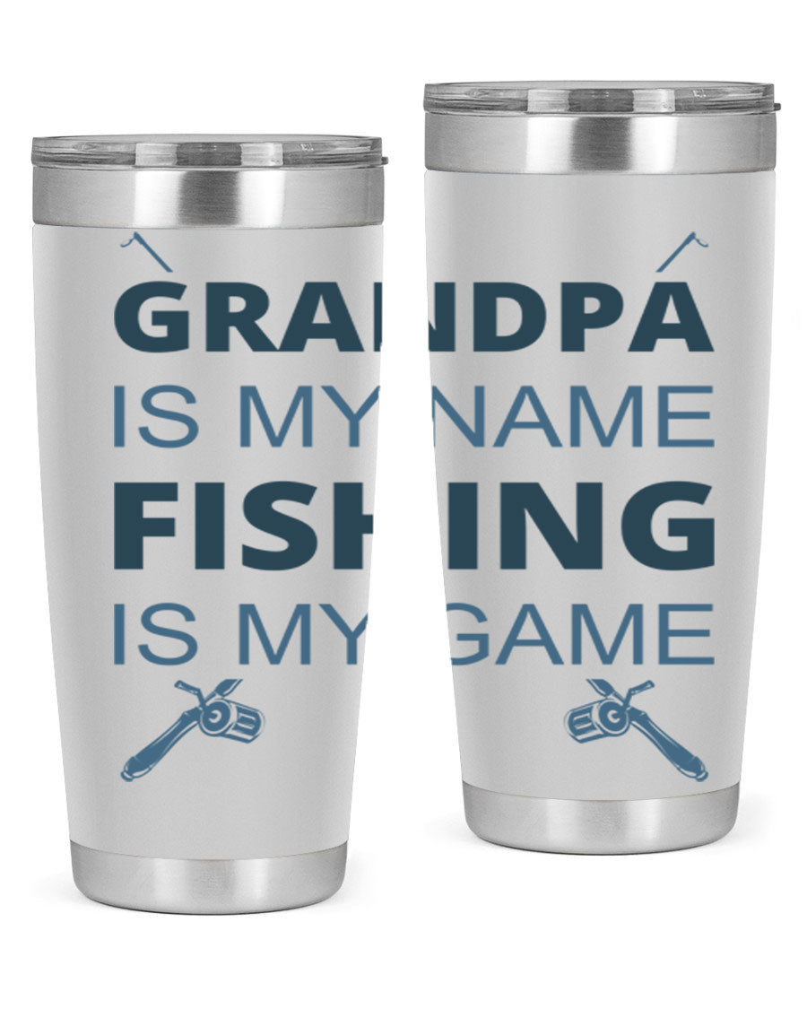 A stylish 'Grandpa is My Name' fishing tumbler in stainless steel, showcasing its double wall vacuum design and drink-thru lid.
