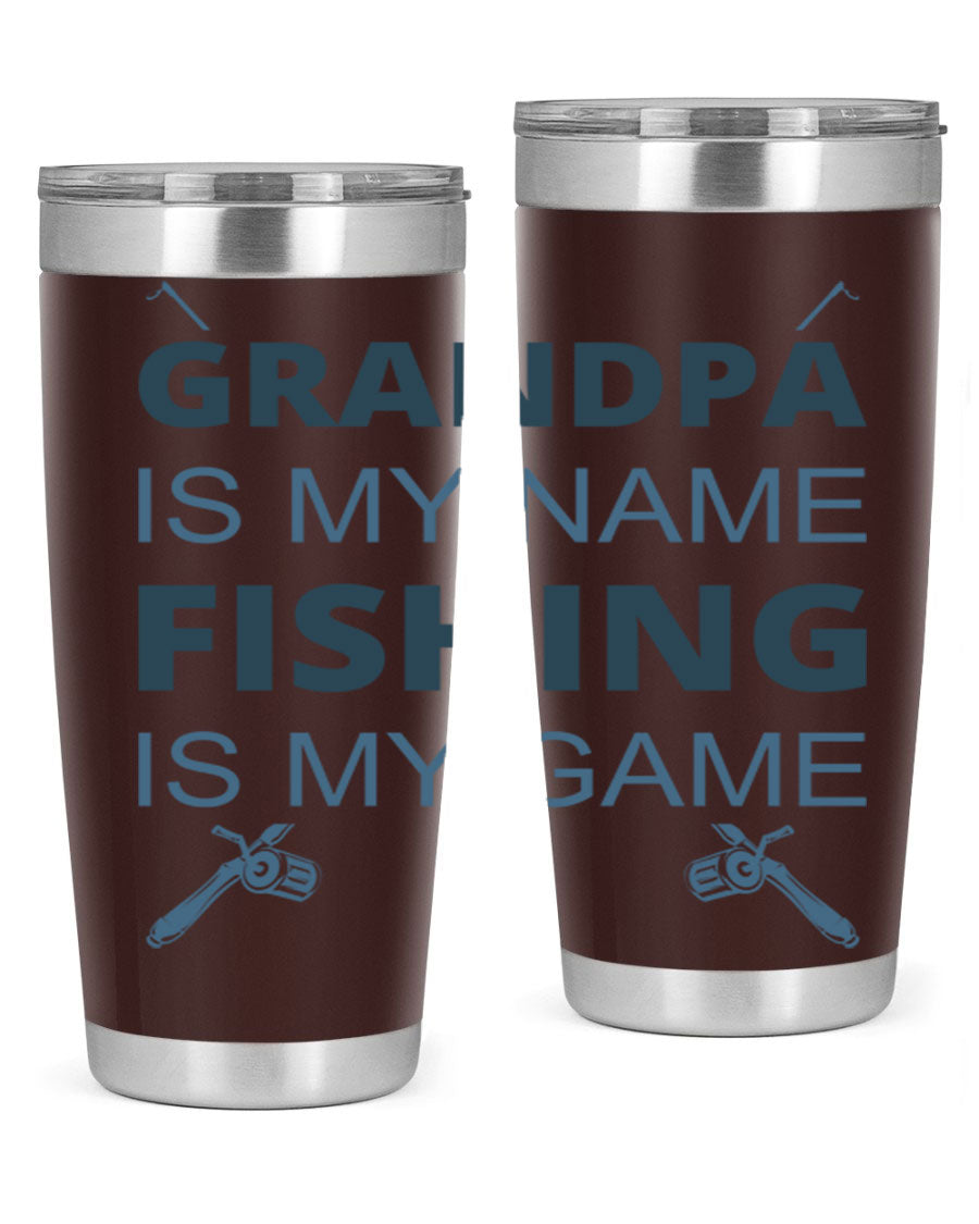 A stylish 'Grandpa is My Name' fishing tumbler in stainless steel, showcasing its double wall vacuum design and drink-thru lid.