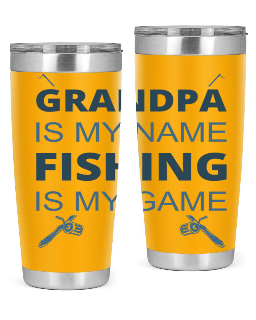 A stylish 'Grandpa is My Name' fishing tumbler in stainless steel, showcasing its double wall vacuum design and drink-thru lid.