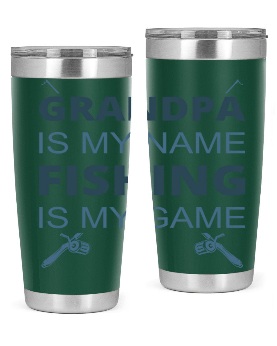 A stylish 'Grandpa is My Name' fishing tumbler in stainless steel, showcasing its double wall vacuum design and drink-thru lid.