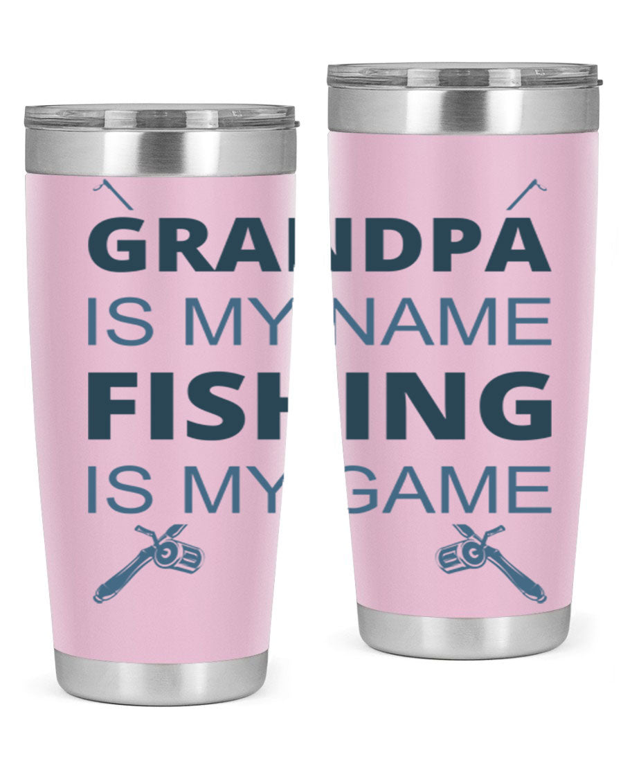A stylish 'Grandpa is My Name' fishing tumbler in stainless steel, showcasing its double wall vacuum design and drink-thru lid.
