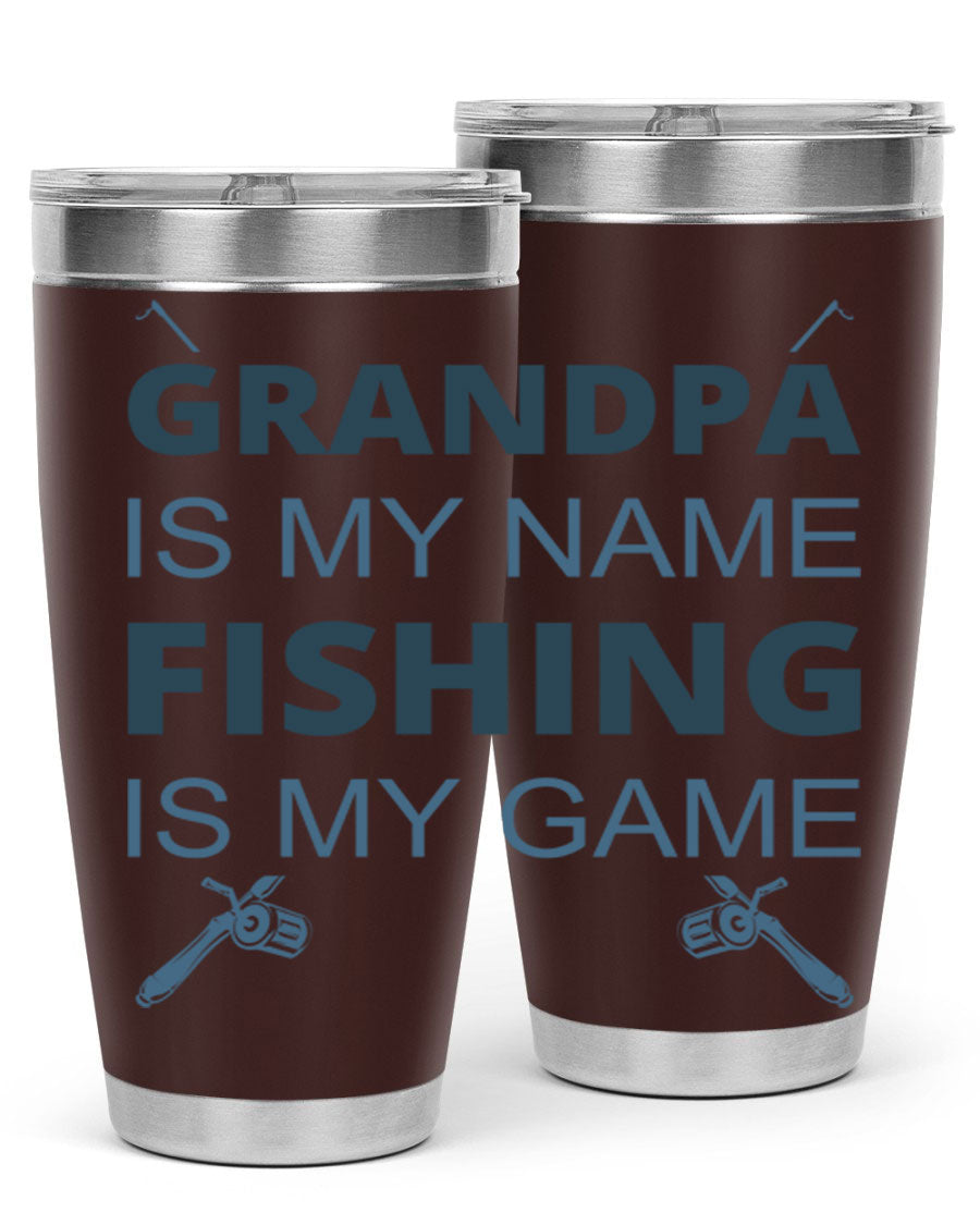 A stylish 'Grandpa is My Name' fishing tumbler in stainless steel, showcasing its double wall vacuum design and drink-thru lid.