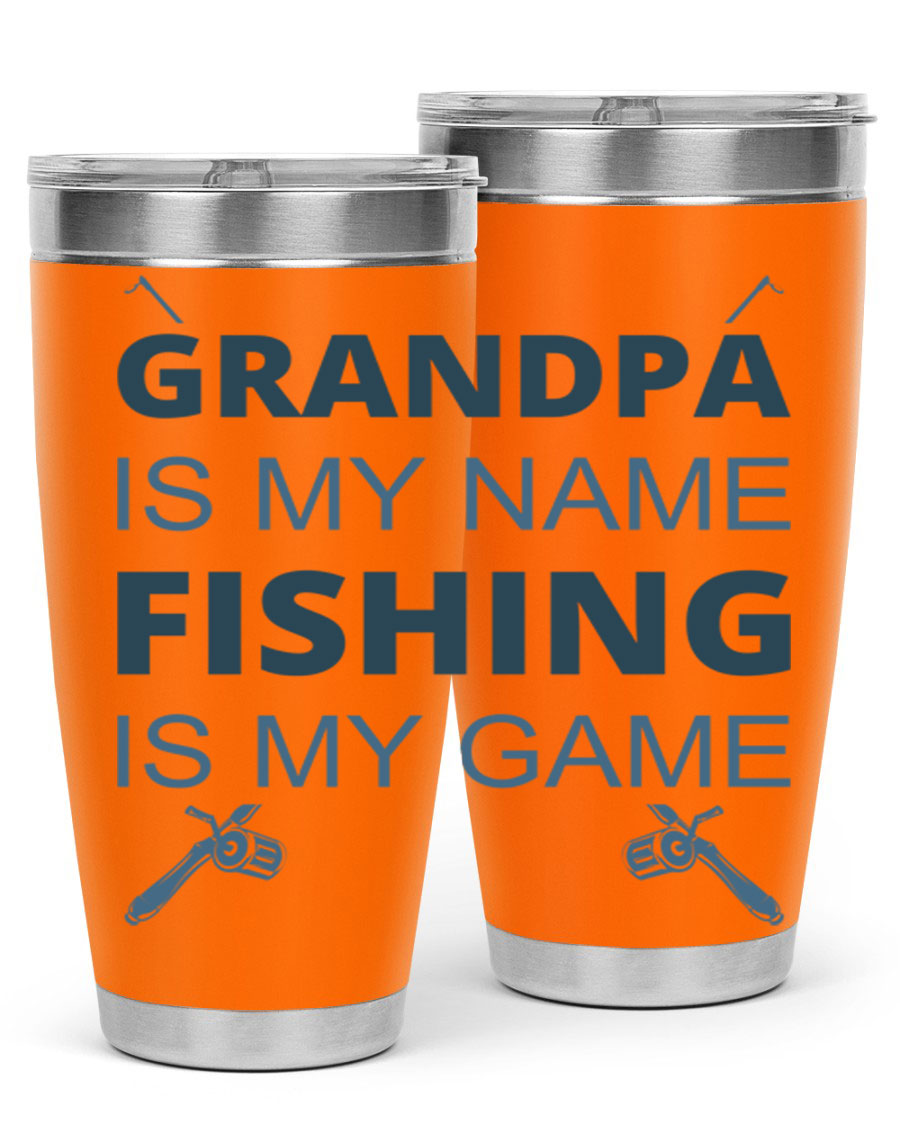 A stylish 'Grandpa is My Name' fishing tumbler in stainless steel, showcasing its double wall vacuum design and drink-thru lid.