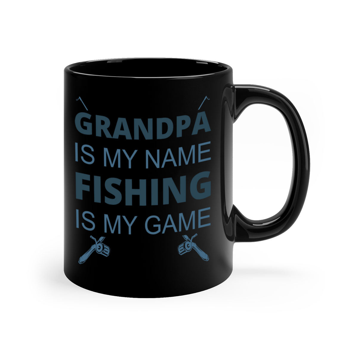 Ceramic fishing mug with 'Grandpa is My Name' design, featuring a colored handle and glossy finish.