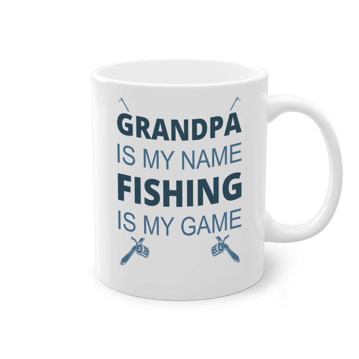 Ceramic fishing mug with 'Grandpa is My Name' design, featuring a colored handle and glossy finish.