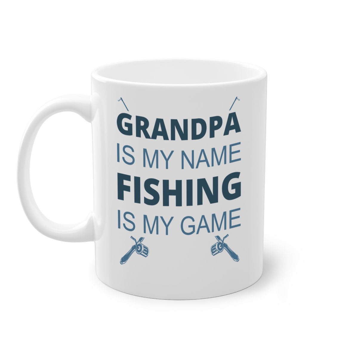 Ceramic fishing mug with 'Grandpa is My Name' design, featuring a colored handle and glossy finish.