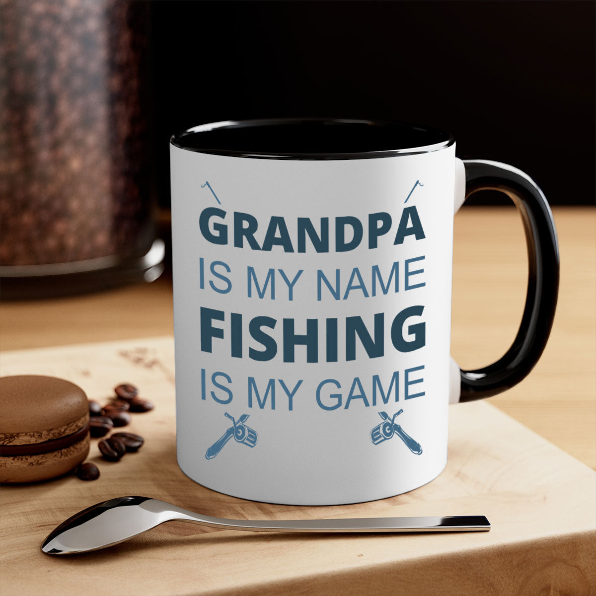 Ceramic fishing mug with 'Grandpa is My Name' design, featuring a colored handle and glossy finish.
