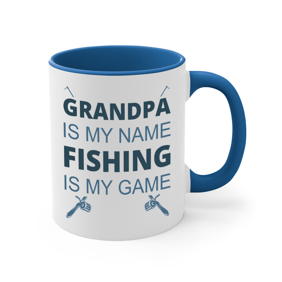 Ceramic fishing mug with 'Grandpa is My Name' design, featuring a colored handle and glossy finish.