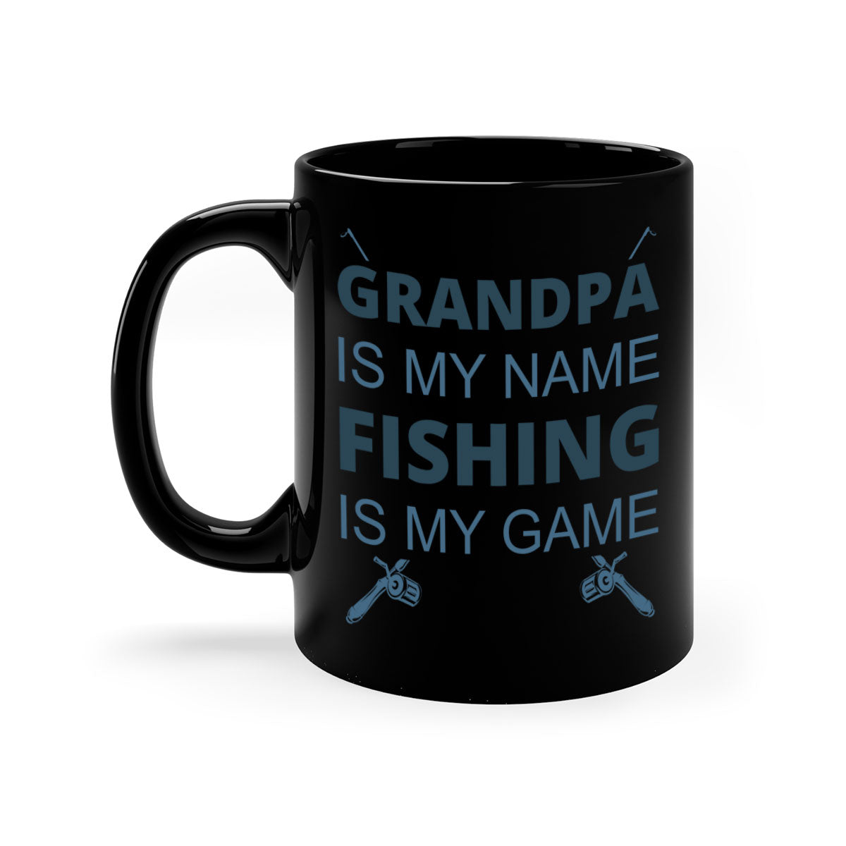 Ceramic fishing mug with 'Grandpa is My Name' design, featuring a colored handle and glossy finish.