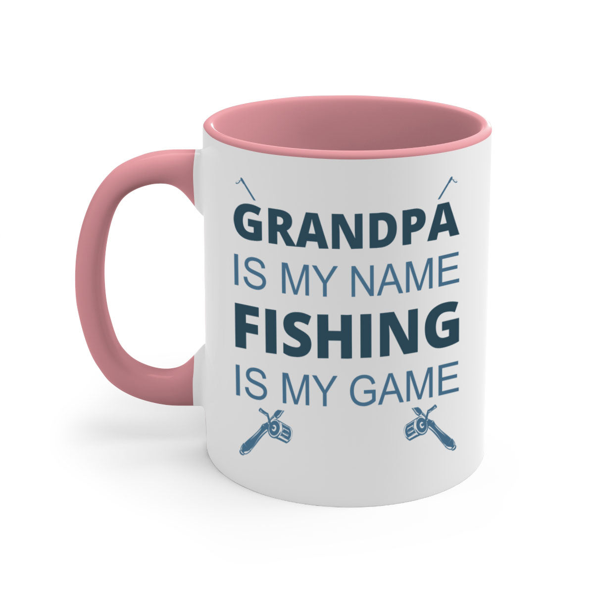 Ceramic fishing mug with 'Grandpa is My Name' design, featuring a colored handle and glossy finish.
