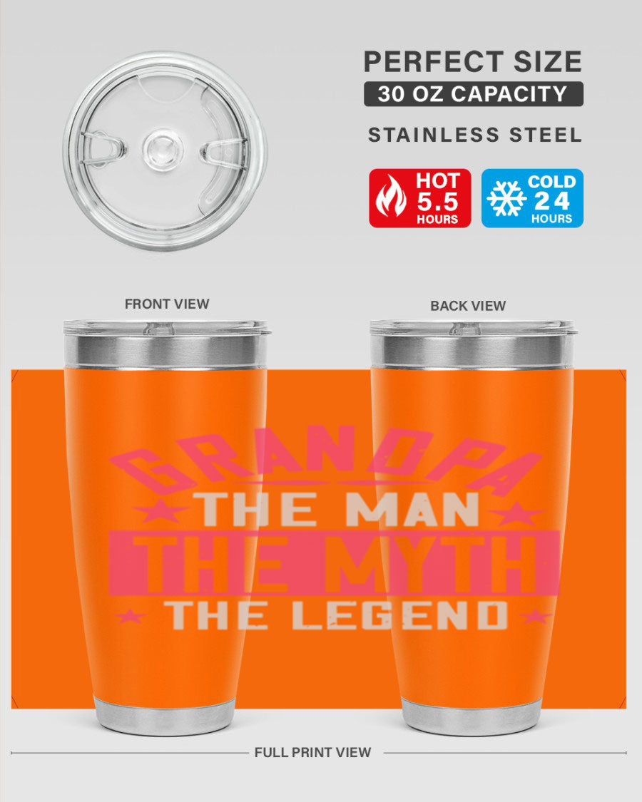 A stylish stainless steel tumbler featuring the phrase 'Grandpa the Man, the Myth, the Legend', perfect for hot and cold beverages.