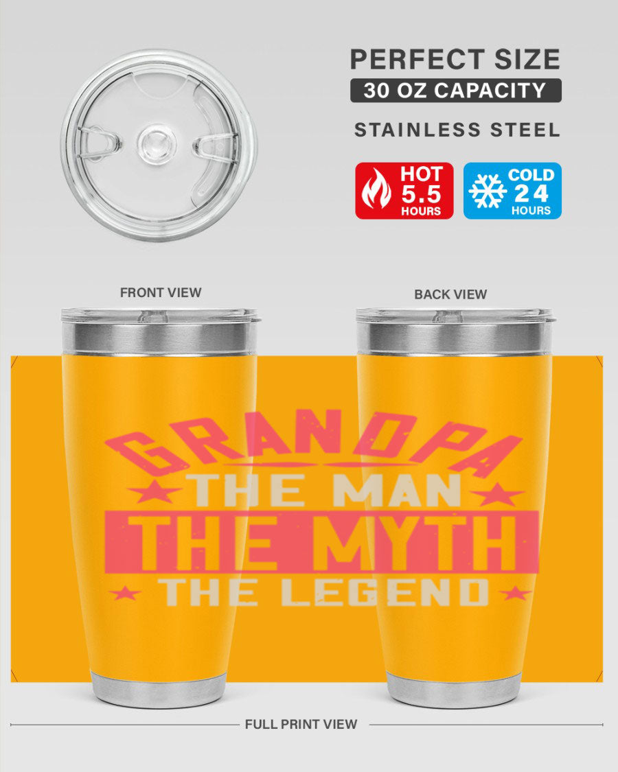 A stylish stainless steel tumbler featuring the phrase 'Grandpa the Man, the Myth, the Legend', perfect for hot and cold beverages.