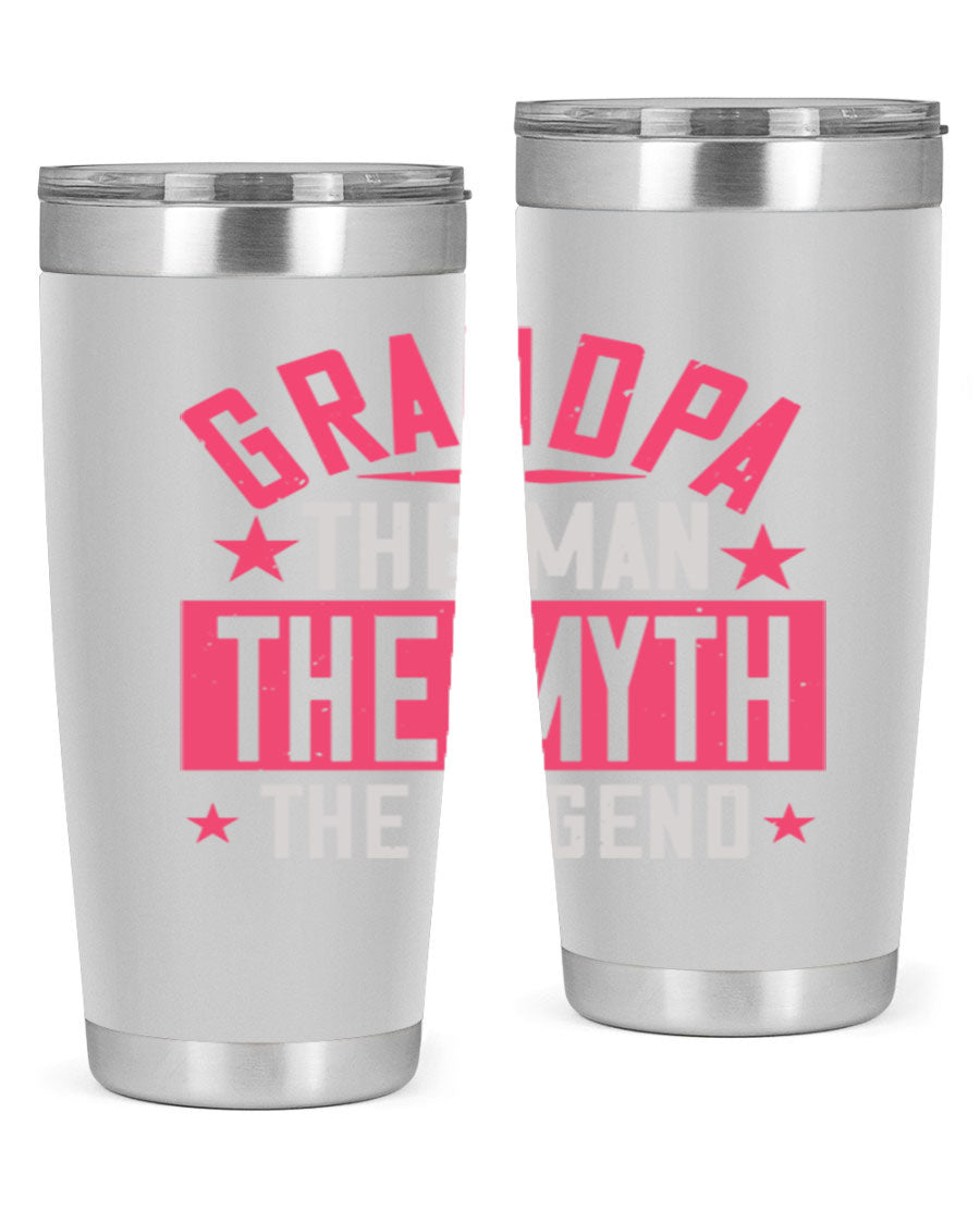 A stylish stainless steel tumbler featuring the phrase 'Grandpa the Man, the Myth, the Legend', perfect for hot and cold beverages.