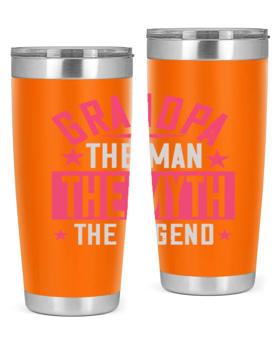 A stylish stainless steel tumbler featuring the phrase 'Grandpa the Man, the Myth, the Legend', perfect for hot and cold beverages.
