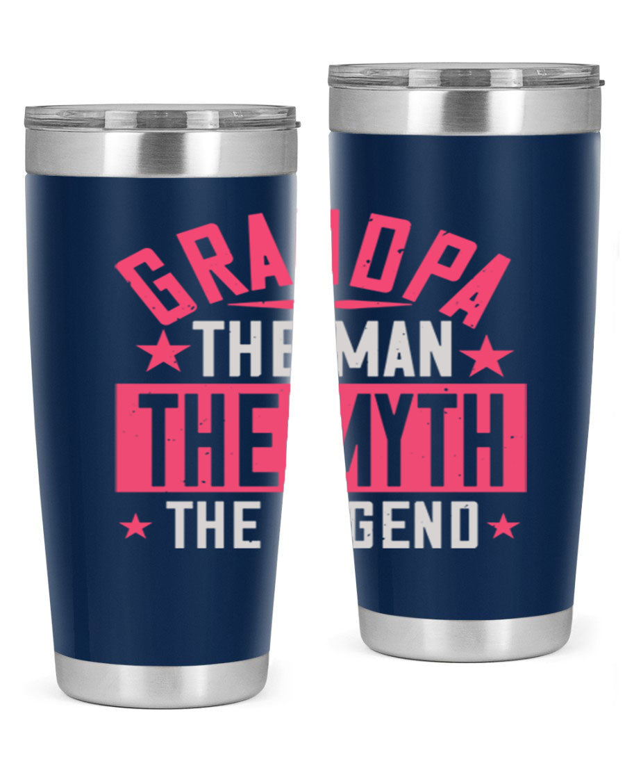 A stylish stainless steel tumbler featuring the phrase 'Grandpa the Man, the Myth, the Legend', perfect for hot and cold beverages.