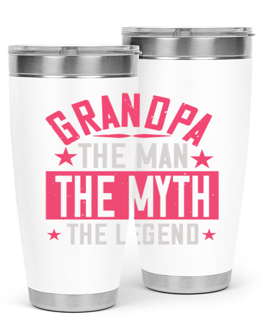 A stylish stainless steel tumbler featuring the phrase 'Grandpa the Man, the Myth, the Legend', perfect for hot and cold beverages.