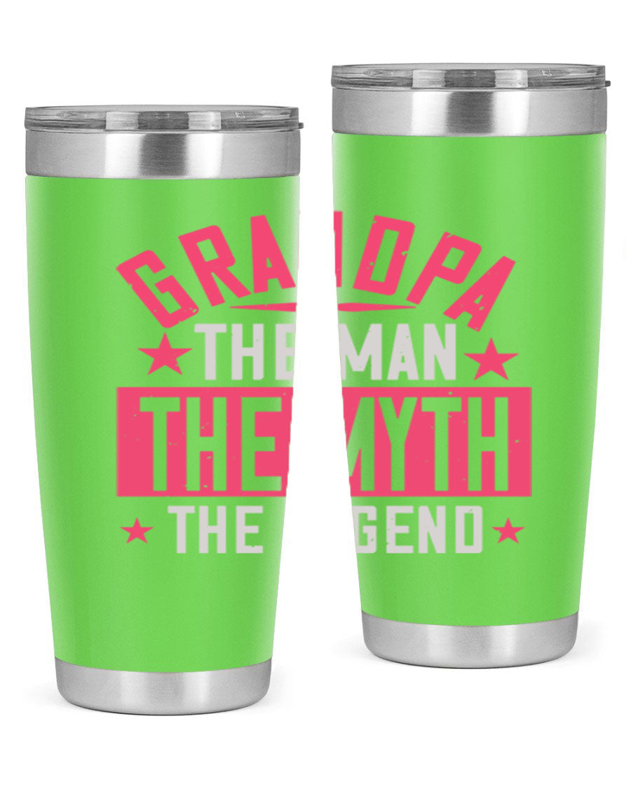 A stylish stainless steel tumbler featuring the phrase 'Grandpa the Man, the Myth, the Legend', perfect for hot and cold beverages.