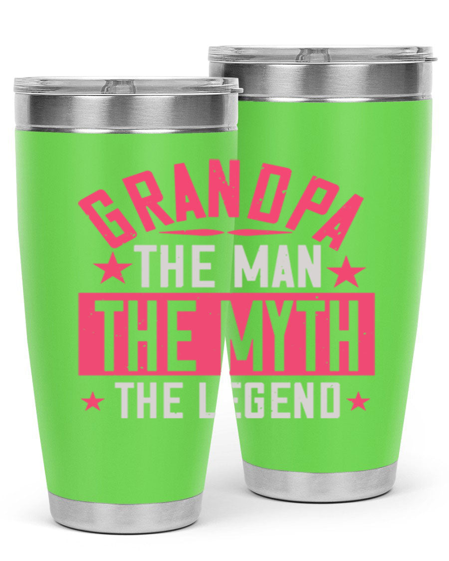 A stylish stainless steel tumbler featuring the phrase 'Grandpa the Man, the Myth, the Legend', perfect for hot and cold beverages.