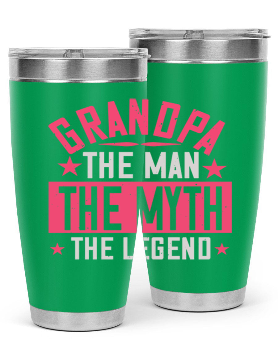 A stylish stainless steel tumbler featuring the phrase 'Grandpa the Man, the Myth, the Legend', perfect for hot and cold beverages.